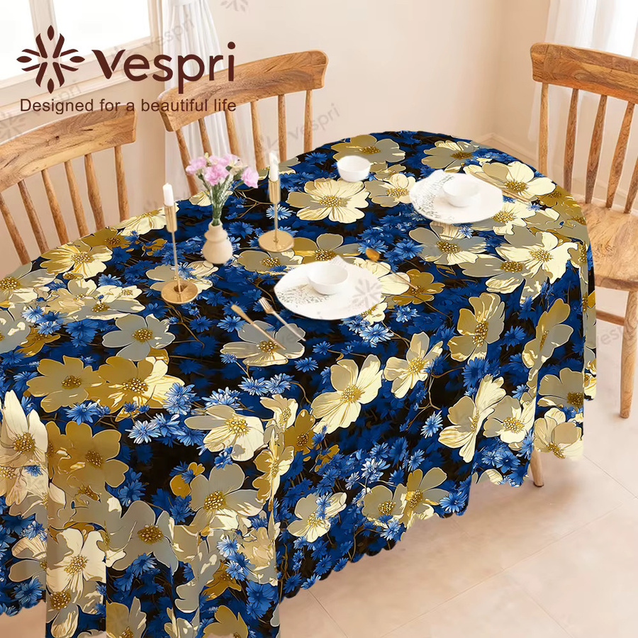 Vespri Oster-Tischdecke mit Frühlings-Blumenmuster in Blau, Schwarz und Gelb aus Polyester, Rund - Bild 2