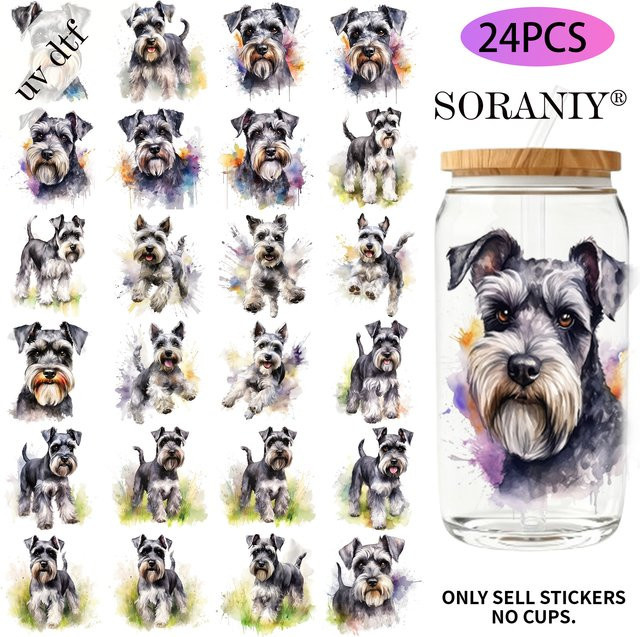 24er Set UV-DTF-Transferaufkleber mit Schnauzer-Motiv in Multicolour für 16oz Glaswasserflaschen - Bild 1
