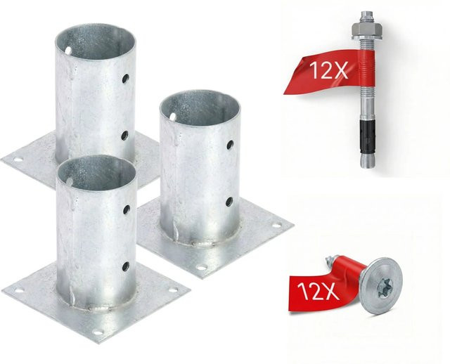 HOLLMAX Pfostenträger Aufschraubhülse Komplettset für Rundholzpfosten, 3 Stück, Verzinkt, Silber, 80 mm - Bild 1