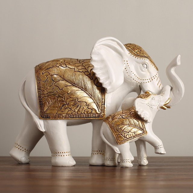 Yiran Furniture Elefanten-Ornamente im europäischen Stil aus Kunstharz mit Blattgold-Dekoration für Wohnzimmer und Eingangsbereich, Gold/Schwarz/Weiß - Bild 1