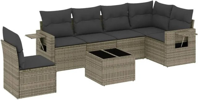 vidaXL 7-teilige Garten-Sofagarnitur aus Poly-Rattan in Grau mit Kissen aus Polyester und Gestell aus pulverbeschichtetem Stahl - Bild 1
