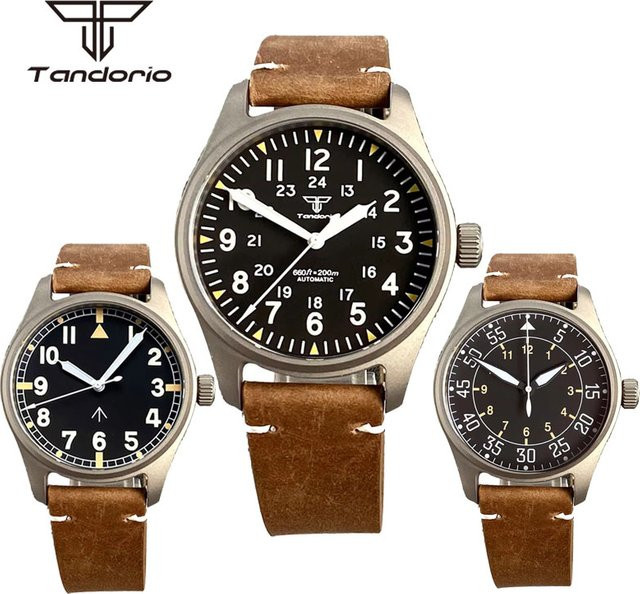 Tandorio Herren-Fliegeruhr, Titan, Automatik, 39 mm, Leder, Schwarz - Bild 1