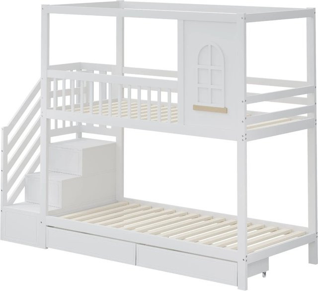 Merax Etagenbett in Hausform für Kinder mit Treppe und Schubladen, Weiß/Braun, B/T/H: 200 x 90 x 196 cm - Bild 1