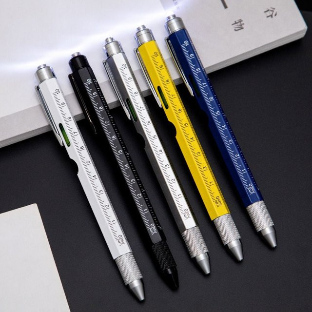9-in-1 Multifunktionsstift aus Metall mit LED-Licht, Wasserwaage, Schraubendreher und Lineal in Weiß - Bild 1