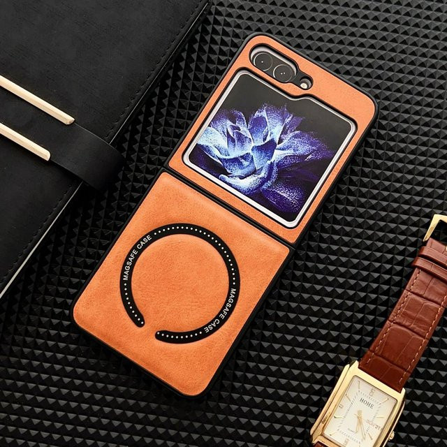 Stoßfeste Leder Handyhülle mit MagSafe Magnet für Samsung Galaxy Z Flip 6 5 4 3 5G in Braun - Bild 1