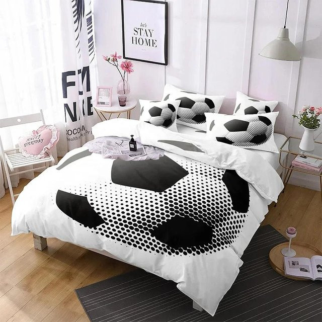 Fußball Bettwäsche Set mit 3D-Design in Schwarz und Weiß für das Schlafzimmer, Bettbezug mit Reißverschluss, B/H: 135 x 200 cm - Bild 1