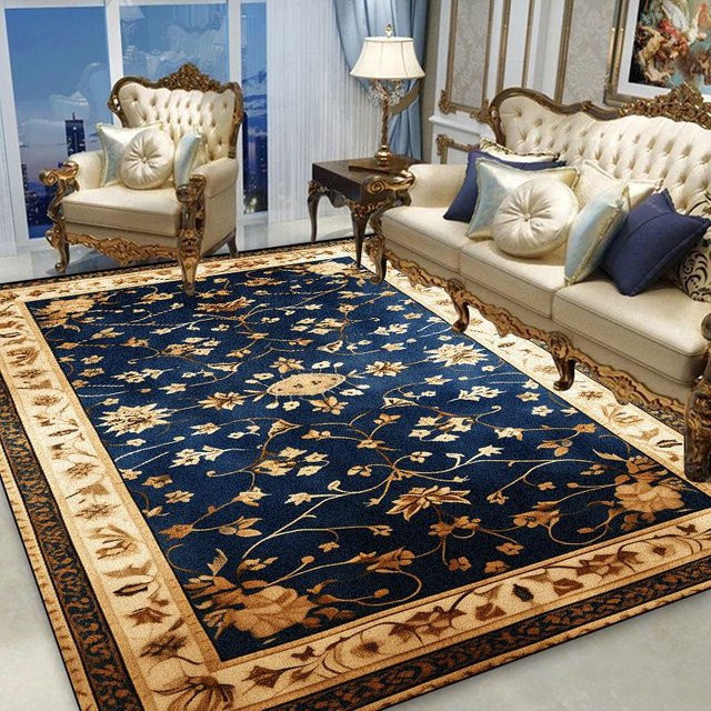 Karpetti Blumenteppich Blau Gold mit floralem Design, rutschfest und waschbar, B: 200 cm, T: 250 cm - Bild 1