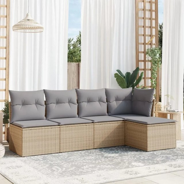vidaXL 5-tlg Garten-Sofagarnitur in L-Form aus PE-Rattan und pulverbeschichtetem Stahl mit Kissen in Beige - Bild 1