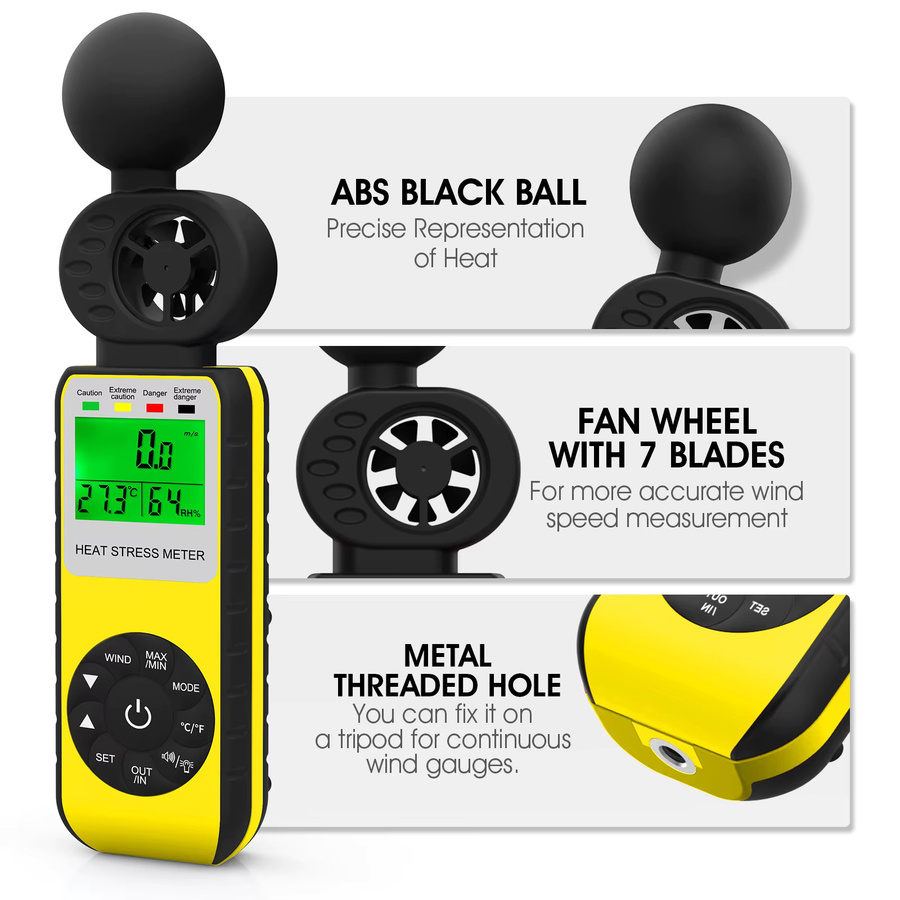 HoldPeak Digitales Anemometer mit WBGT-Tester als 4-in-1 Hitzestress-Messgerät für Windgeschwindigkeit, Lufttemperatur und Luftfeuchtigkeit (0 ~ 30 m/s, 0 ~ 50 °C) - Bild 6