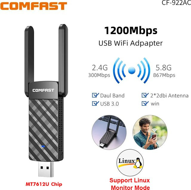 COMFAST 1200M WLAN-USB-Adapter Dual-Band 5GHz mit Ethernet LAN Netzwerkkarte MT7612U Drahtloser Netzwerkempfänger in Schwarz für Linux - Bild 1