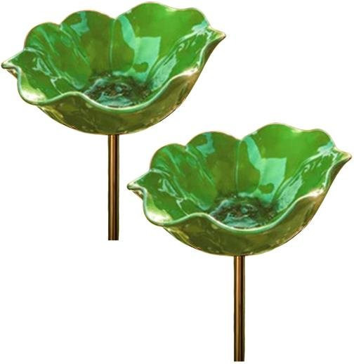 Ethereall Metall Gartenstecker Blume als Bestäuberfreundliche Bienen Tränke und Vogelbad in Grün, 2 Stück - Bild 1