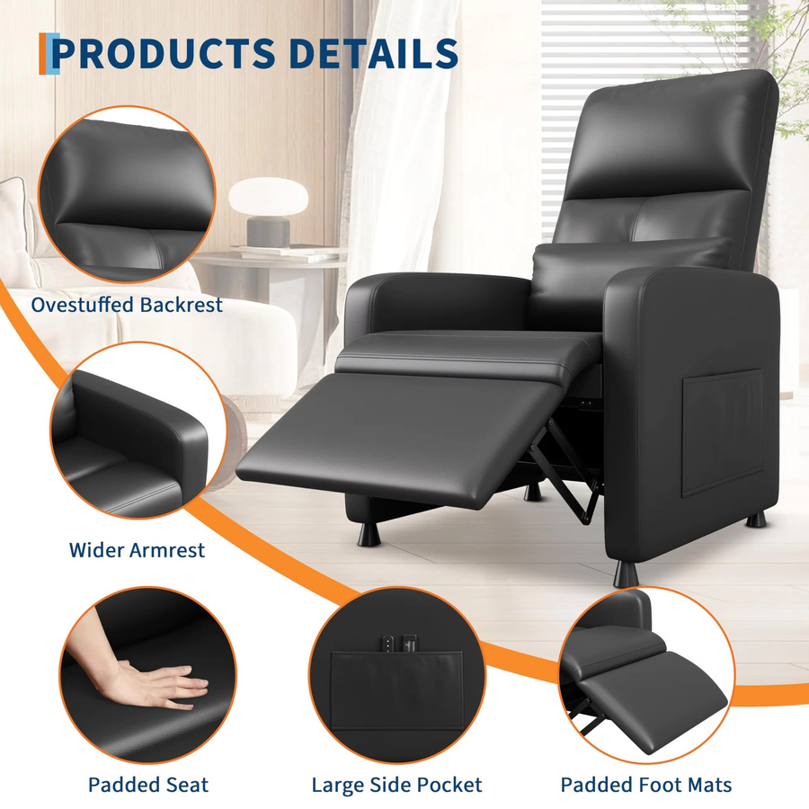 Garvee Elektrischer Massagesessel in Schwarz mit Liegefunktion, Wärmefunktion und Lendenstütze, TV-Sessel aus Kunstleder mit USB-Anschluss und Seitentasche - Bild 3