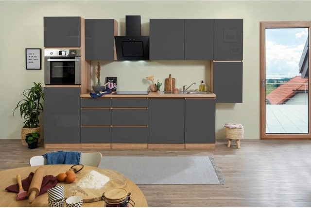 Respekta Küchenzeile modern in Grau Hochglanz und Eiche Sägerau ohne Elektrogeräte Breite: 330 cm, Höhe: 220,5 cm - Bild 1