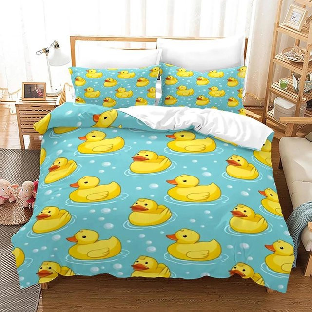 Bettwäsche Set mit 3D Gelbe Ente Motiv von Binchi Outdoor Product in Gelb und Blau, bestehend aus Bettbezug und Kissenbezug aus Mikrofaser, B/H: 240 x 220 cm - Bild 1
