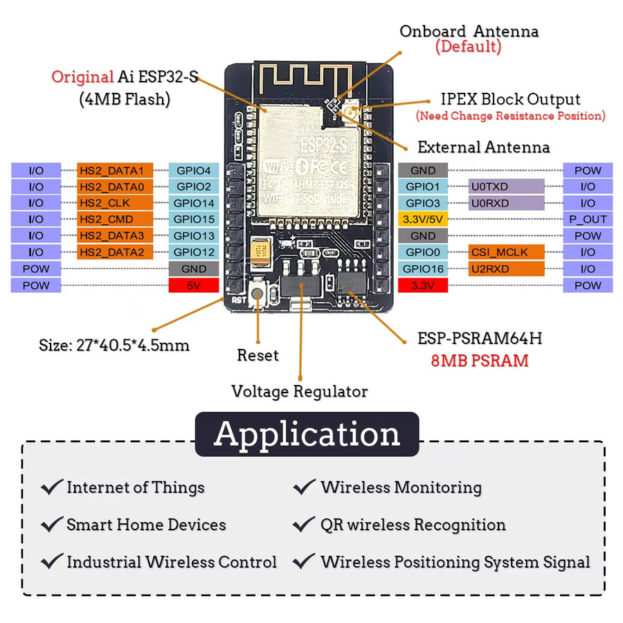 ESP32-CAM Entwicklung Board mit 2,4G Wifi und Bluetooth, Kamera Modul mit 4 MB PSRAM, Schwarz - Bild 4