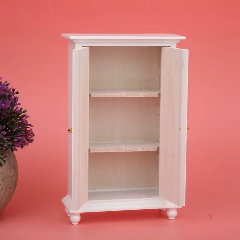 kbxlife Miniatur-Puppenhaus-Kleiderschrank, weißer hölzerner Doppeltür-Haushaltsschrank - Bild 2