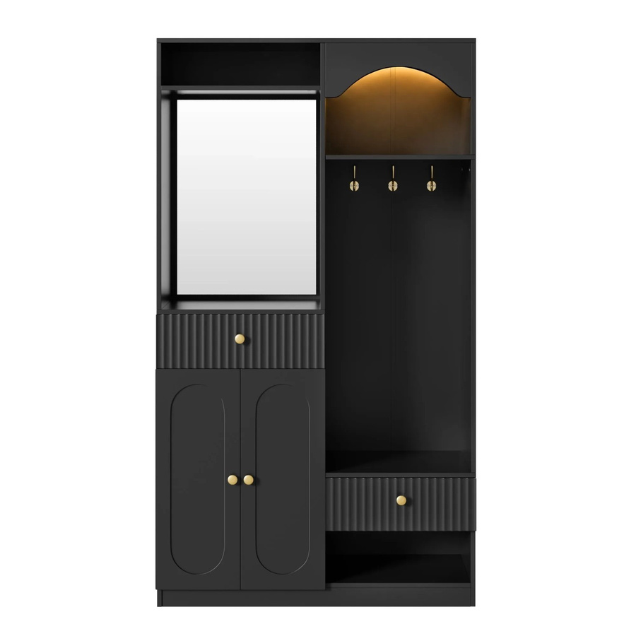 Merax Garderobe mit Sitzbank, Spiegel und LED-Beleuchtung in Schwarz Matt, B/T/H: 100 x 35 x 180 cm - Bild 2