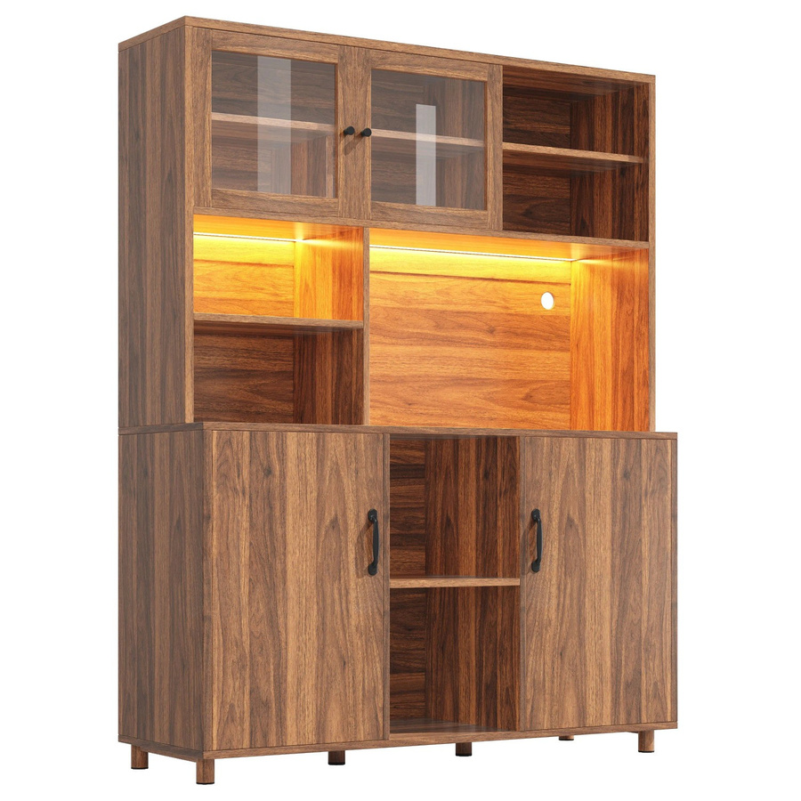 okwish Hochschrank mit LED-Beleuchtung und Snackablage in Braun, B/T/H: 140 x 40 x 185 cm - Bild 2
