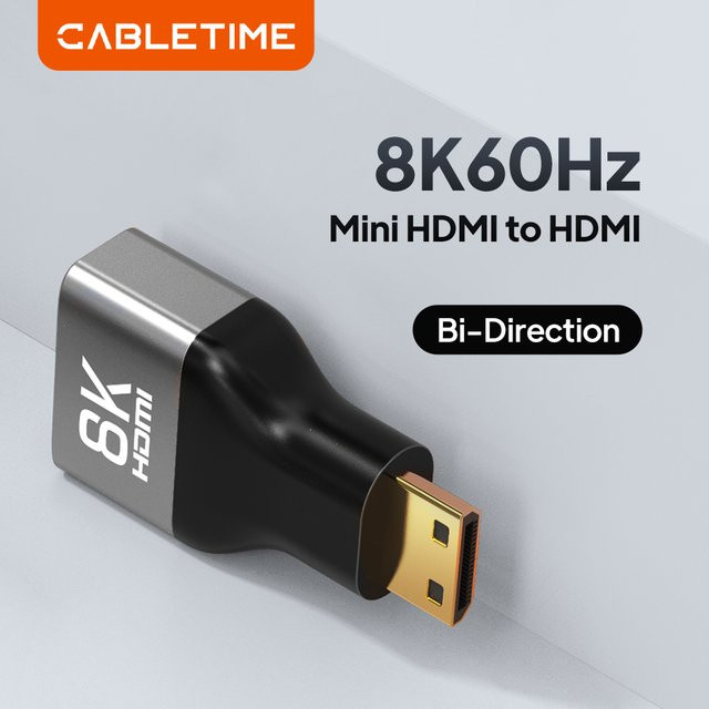 CABLETIME Mini-HDMI auf HDMI Adapter, bidirektional, 8K@60Hz/4K@120Hz UHD, 48Gbps Ultra-High-Speed, Schwarz - Bild 1
