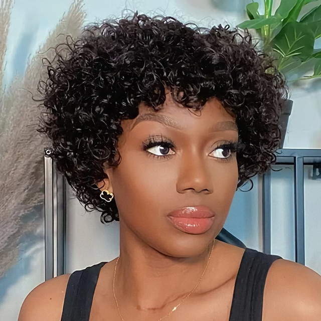 HJ WEAVE BEAUTY Pixie Cut Perücke, kurze Bob Perücke, lockiges Echthaar, Wasserwelle, Damen - Bild 1