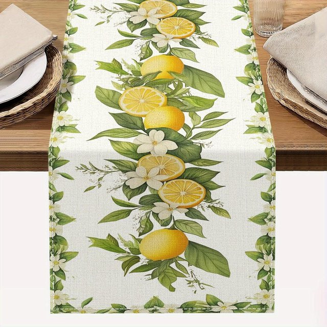 JMG Household Supplies Tischläufer aus Leinen mit Sommer-Zitronenblüten-Print in Beige und Weiß, B: 150 cm, T: 33 cm - Bild 1