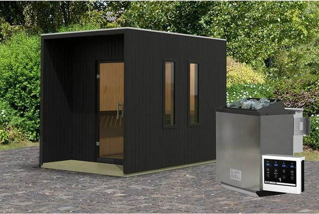Karibu Saunahaus Set Rapallo in Schwarz aus Fichte mit 9 kW Bio Ofen und externer Steuerung - Bild 1