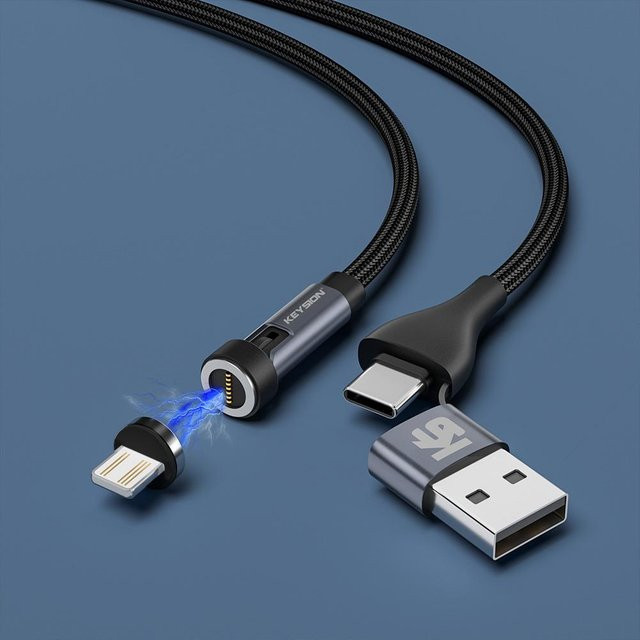 KEYSION 540 Rotate 5A Magnetkabel für Schnellladung mit Micro USB, USB-C und USB-A auf USB-A, Grau, 1m - Bild 1