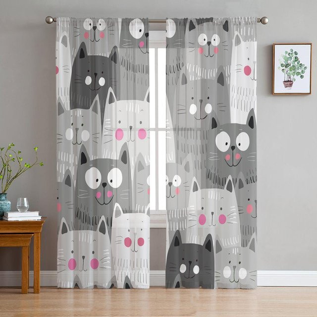 Transparente Tüll-Vorhänge mit grauem Kawaii Cartoon Katzen-Motiv aus Organza für Wohnzimmer und Küche, Breite: 135 cm, Höhe: 115 cm - Bild 1