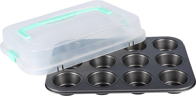 Genialo Muffin-Backblech aus Silikon mit Transporthaube, Grau, Rechteckig - Bild 1