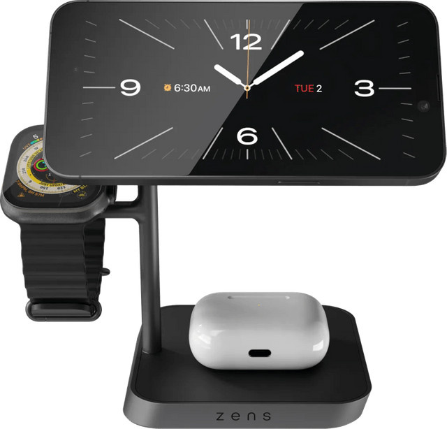Zens 3-in-1 MagSafe und Qi2 Kabelloses Ladegerät mit Ständer und Watch Stand, 15 W, Schwarz - Bild 1