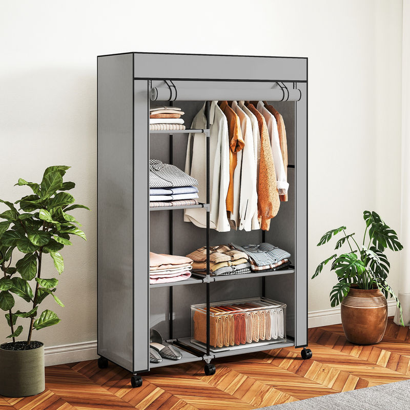 HOMCOM Stoffkleiderschrank mit Rollen und Kleiderstange, tragbarer Kleiderschrank mit 6 Regalen und Stahlrahmen, Creme, B/T/H: 103 x 43 x 162,5 cm - Bild 2