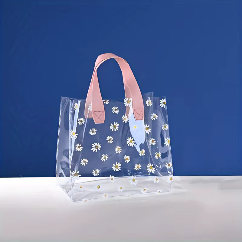 2er-Set transparente PVC-Geschenktüten mit Gänseblümchen-Design und Bändern für Hochzeiten und Festivals in Beige - Bild 2