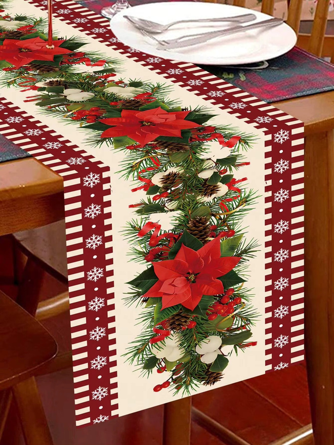 JIT Weihnachts-Tischläufer mit Weihnachtsstern und Kiefernmuster in Rot aus Leinen - Bild 2