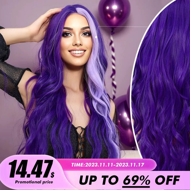 ELEMENT Synthetische Perücke, lange gewellte Locken, Ombre-Lila, Damen - Bild 1