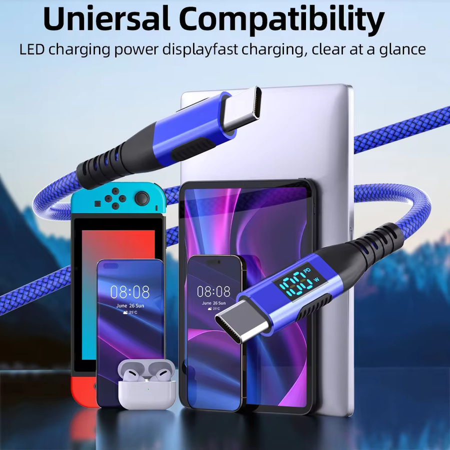 LAIHONEN USB C auf USB C Kabel mit LED-Anzeige, geflochtenes Nylon PD Schnellladekabel für iPhone 15 Pro und Samsung, Blau, 100 W - Bild 6