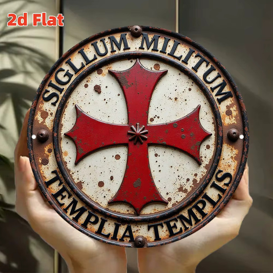 Hello Young Templerorden Mittelalterliches Emblem Metallschild Sigillum Militum Templarii in Rot, runde Aluminium-Wanddekoration im Vintage-Stil, Durchmesser: 20 cm - Bild 2