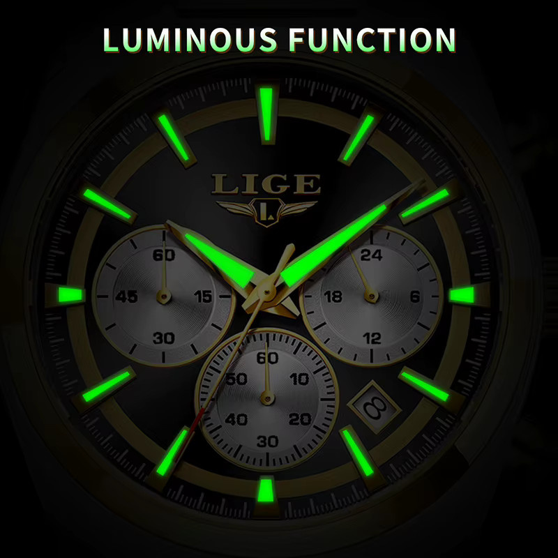 LIGE Chronograph Armbanduhr, Quarz, Edelstahl, Schwarz, Herren - Bild 4