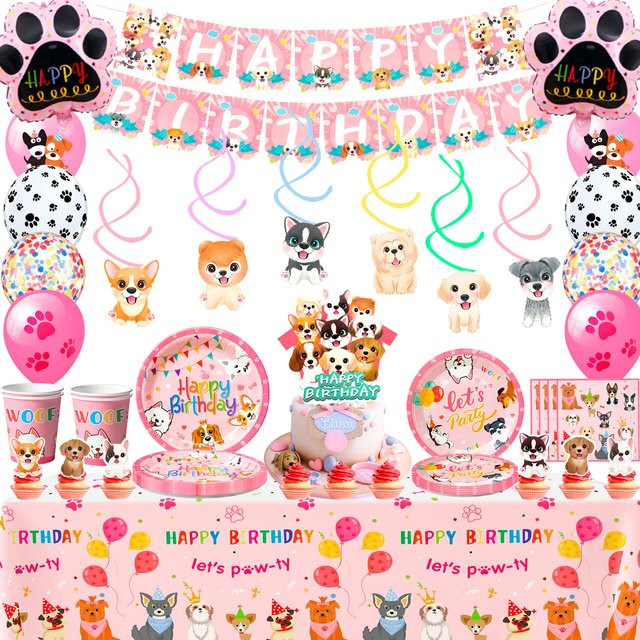 Potdemiel 161-teiliges Welpen-Party-Dekorationsset in Rosa mit Hundetischgeschirr, Luftballons und Cupcake-Zubehör - Bild 1
