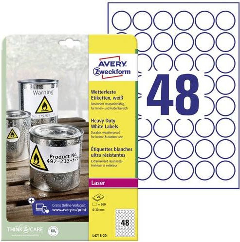 Avery Zweckform Folien-Etiketten L4716-20, weiß, rund Ø 30 mm, Polyester, permanent haftend, 960 Stück - Bild 1