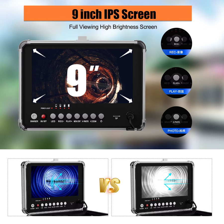 GAMWATER Kanalinspektionskamera mit 9-Zoll-Monitor, 512Hz Selbstnivellierende AHD 1080P Endoskopkamera mit 12 weißen Lichtern, Weiß - Bild 5
