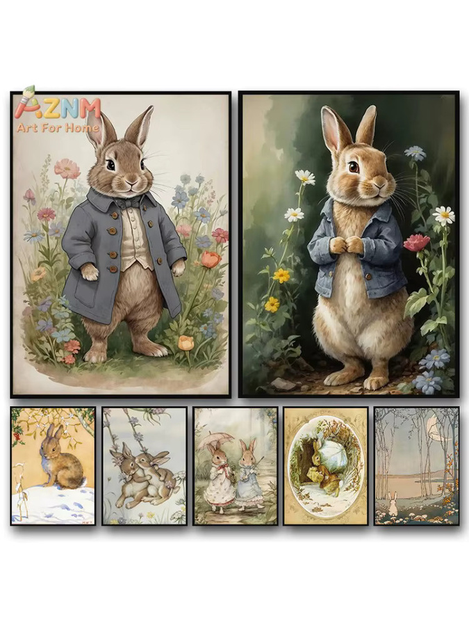 AZNM Peter Rabbit Leinwand-Wandkunst mit Vintage Blumendruck und niedlicher Hasenillustration für das Kinderzimmer, Mehrfarbig - Bild 3