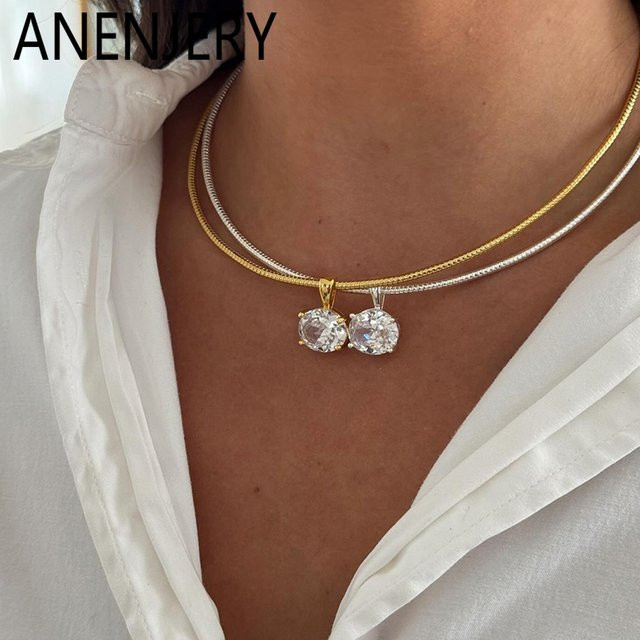 ANENJERY Halskette mit Zirkonia-Anhänger, Edelstahl, Bicolor, Damen - Bild 1