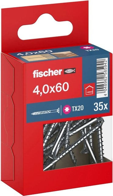Fischer PowerFast II Senkkopf TX Teilgewinde Schraube aus Stahl, Farbe Silber, Ø 4 mm, Länge 60 mm, 35 Stück - Bild 1