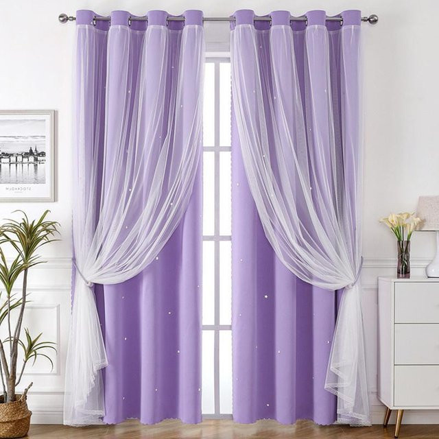 Doppellagiger Blackout-Vorhang mit Sternenmuster-Stickerei von Easy Beauty Home, Thermisch Isoliert, Schwarz und Lila, B: 100 cm, H: 200 cm - Bild 1