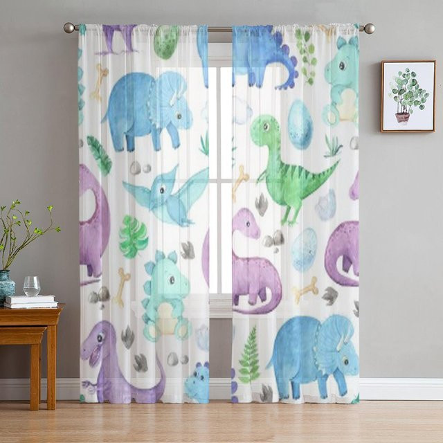 Super Six Transparente Chiffon Vorhänge mit Dinosaurier und Reptilien Motiv in Weiß, B: 135 cm, H: 114 cm - Bild 1