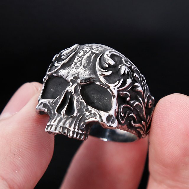 owlucky Ring Edelstahl, Schädel, Vintage, Silber, Unisex - Bild 1