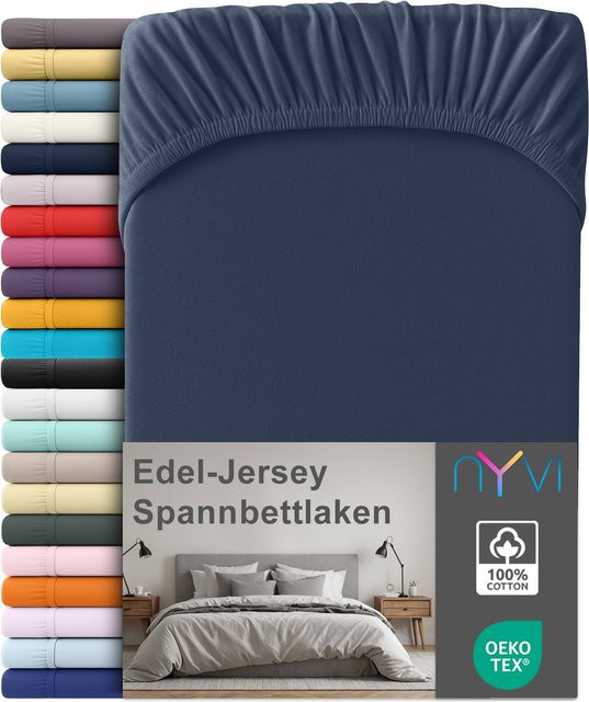 NYVI Edel Jersey Spannbettlaken Deluxe aus 100% supergekämmter Baumwolle, Marineblau, B/T: 140-160 x 200 cm, Steghöhe: 25 cm - Bild 1