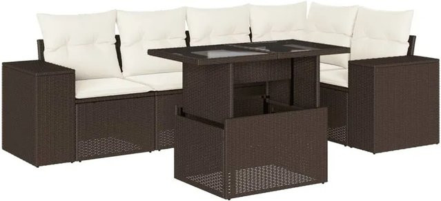 vidaXL 6-teilige Garten-Sofagarnitur in L-Form aus braunem Poly-Rattan mit cremeweißen Kissen und pulverbeschichtetem Stahlgestell - Bild 1