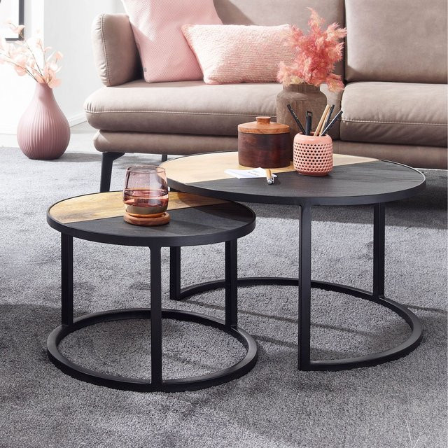FineBuy Couchtisch Set aus Massivholz in Multicolour, 2-teiliger runder Wohnzimmertisch im modernen Design, Durchmesser: 60 cm, Höhe: 36 cm - Bild 1
