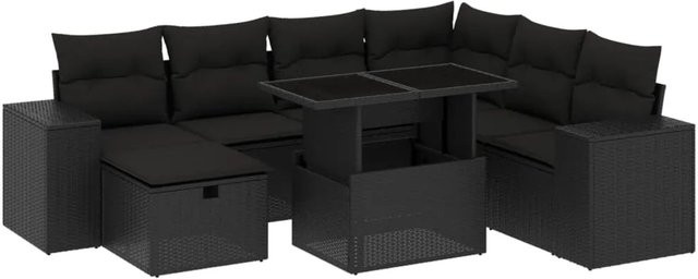 vidaXL 8-teilige Garten-Sofagarnitur in L-Form aus schwarzem Poly-Rattan mit Kissen und pulverbeschichtetem Stahlgestell - Bild 1